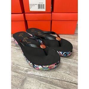 Reya Regalia Rosette Womens Black Floral Wedge Flip Flop Sandal Sz 9M